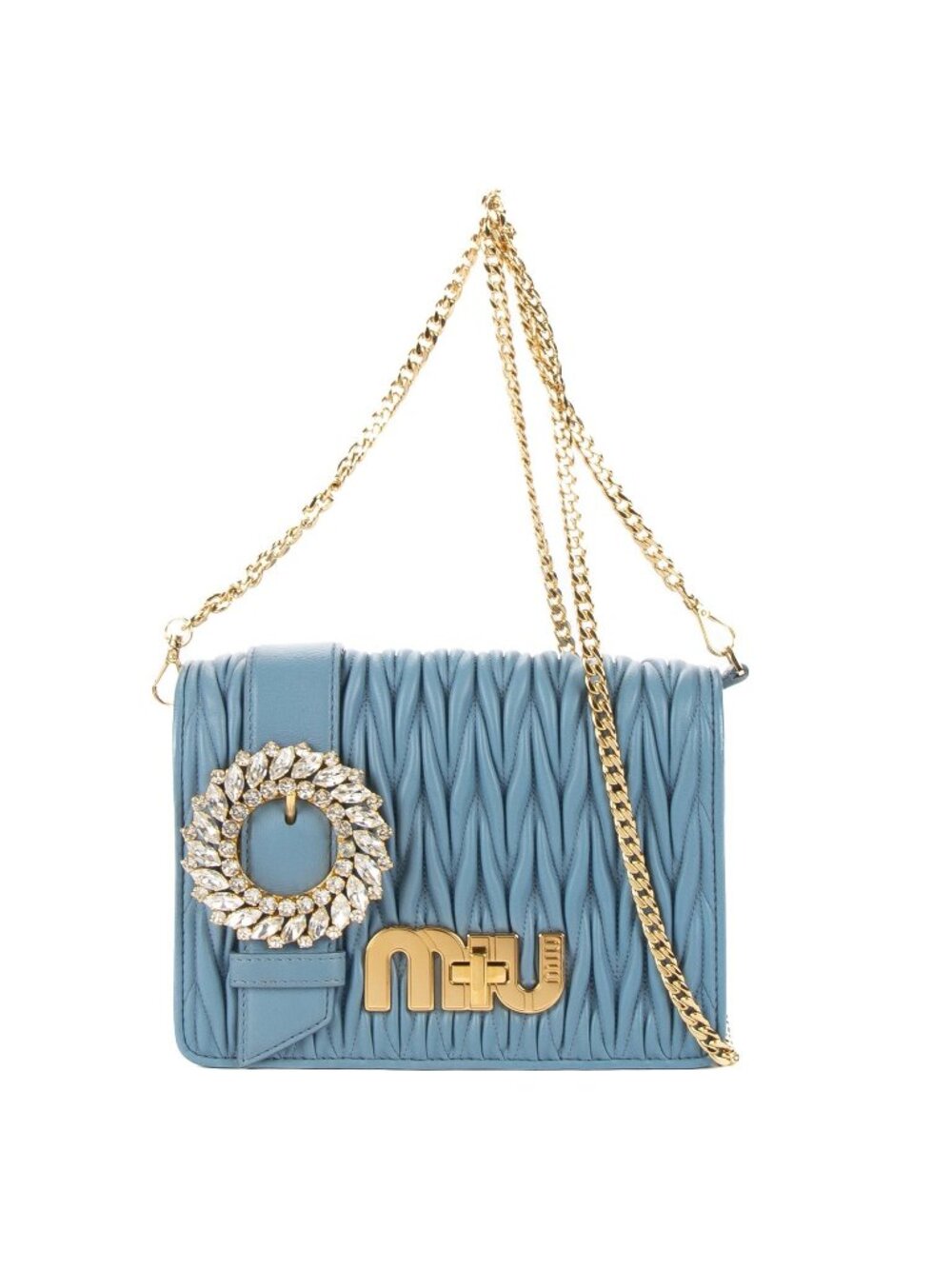 Miu Miu Crystal Buckle Bag Blue Nappa Matelasse Leather